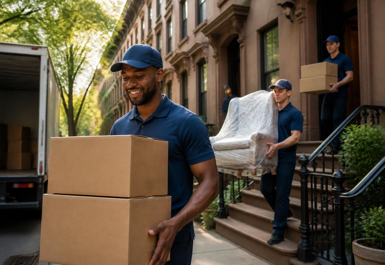 Stock placeholder image of movers on a stoop — to be replaced with a photo provided by Charles Family Moving